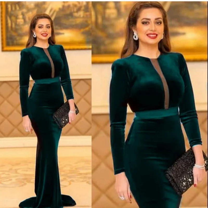 

Green Cheap Long Sleeves Velvet Evening Dress Mermaid Cut-Out Sweep Train Prom Gowns Simple Women Party Dresses