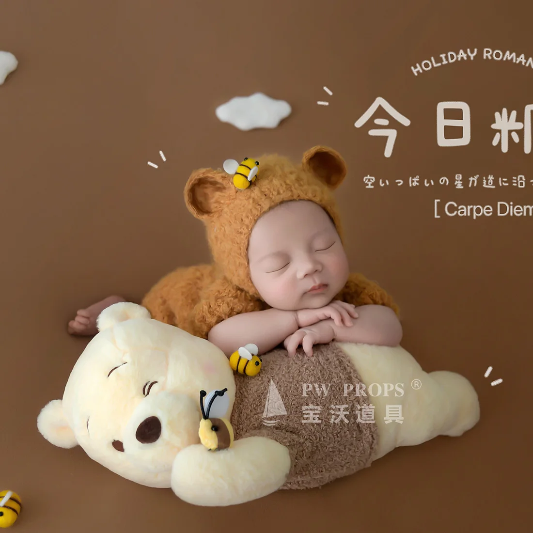 Vintage Knitted Baby Teddy Bear Footed Romper Onesie Set Newborn Photography Props Infant Layette Outfit Photo Shoot Clothing