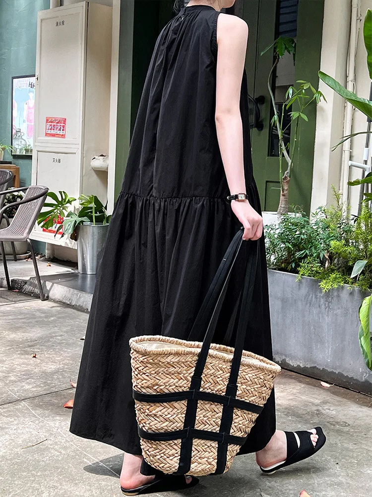 LANMREM Casual Long Dress For Women Sleeveless Neck Hanging Solid Color Loose Dresses 2024 Female Summer New Clothing 2Z1310