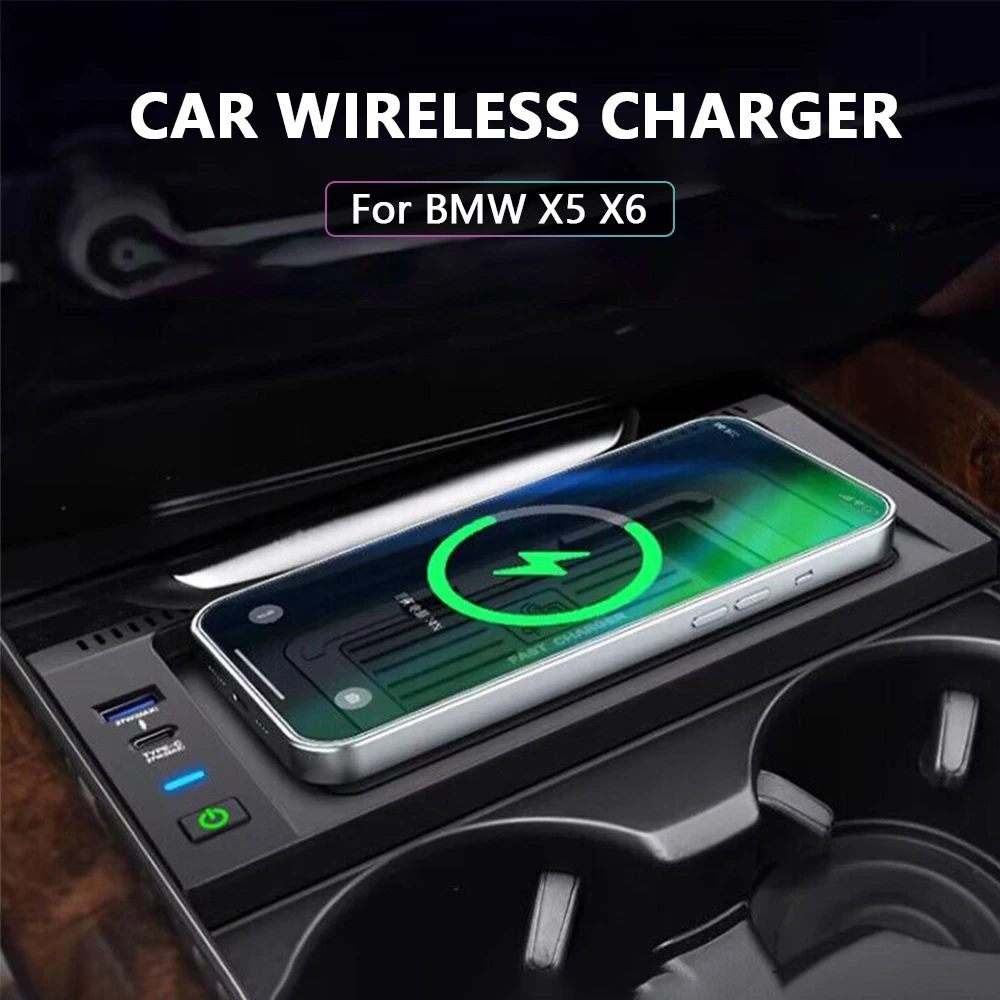 Carregador sem fio para carro para BMW X5 F15 X6 F16 2014 2015 2016 2017 2018 Suporte para celular com carregamento rápido, acessório interno.