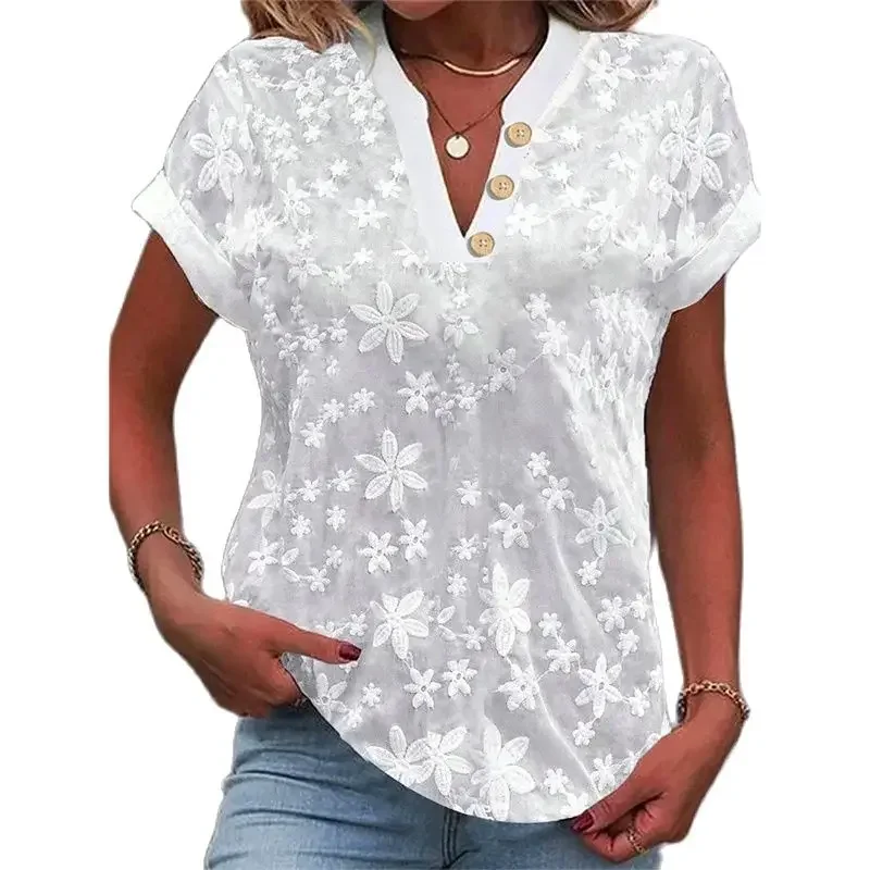 

Elegant Embroidered Flowers Shirt Women V Neck Button Decoration Blouse Simple Style Female Commuter Casual Short Sleeve Top New