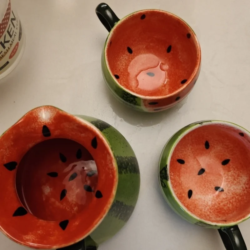 Hand-Painted Watermelon Ceramic Water Pitcher and Mug Set, Creative 3D Fruit Teapot with Teacup Coffee Pot, Coffee Mug for Home
