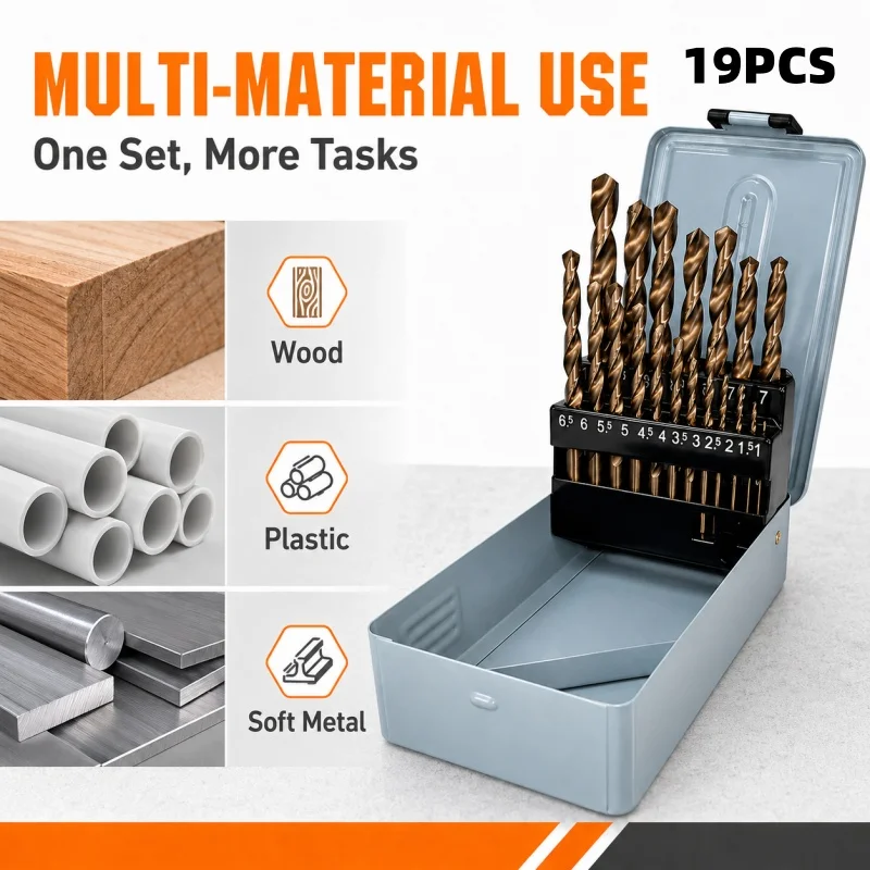 19PCS M35 Cobalt Twist Drill Bit Set, 1-10mm HSS Drill Bits with 135° Split Point, Metal Storage Case Included