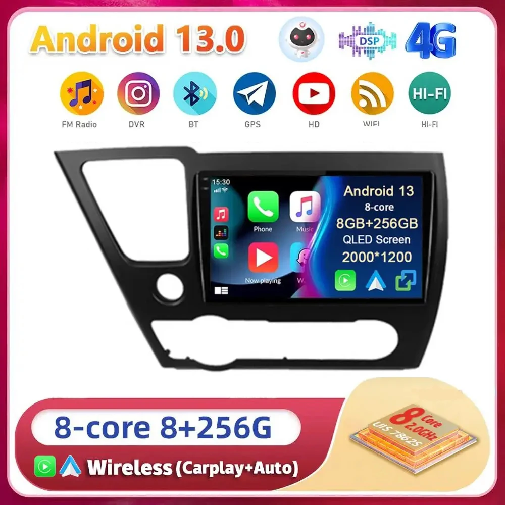 For Honda Civic 9 2013 2014 2015 2016 Android 13 Carplay Auto WIFI+4G Car Radio Multimedia GPS Player Stereo 2din Head Unit BT