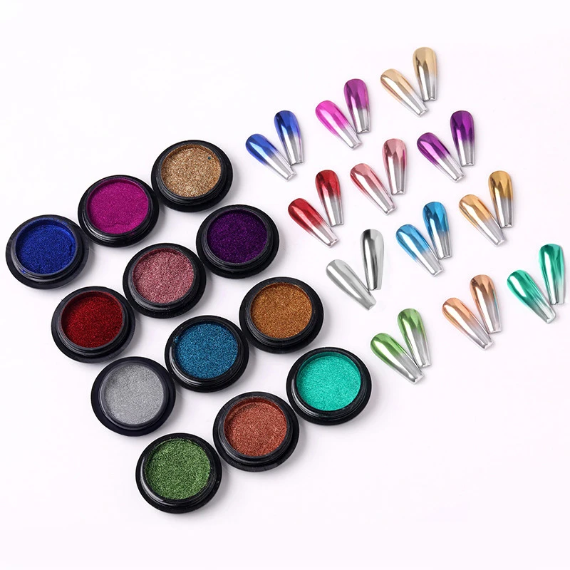 12pcs Glitter Mirror Nail Powder Metallic Nail Art Pigment Chrome Dusts Rub On Nails Design For Manicure Laser Pearl Powder Set