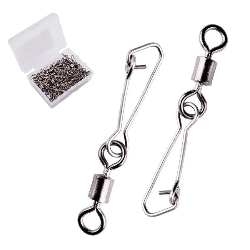 50pcs/ Box Stainless Steel Fishing Bearing Interlock Rolling Swivel #2/0 - #14 With Hooked Snap Fishing Hook Connector Tackle