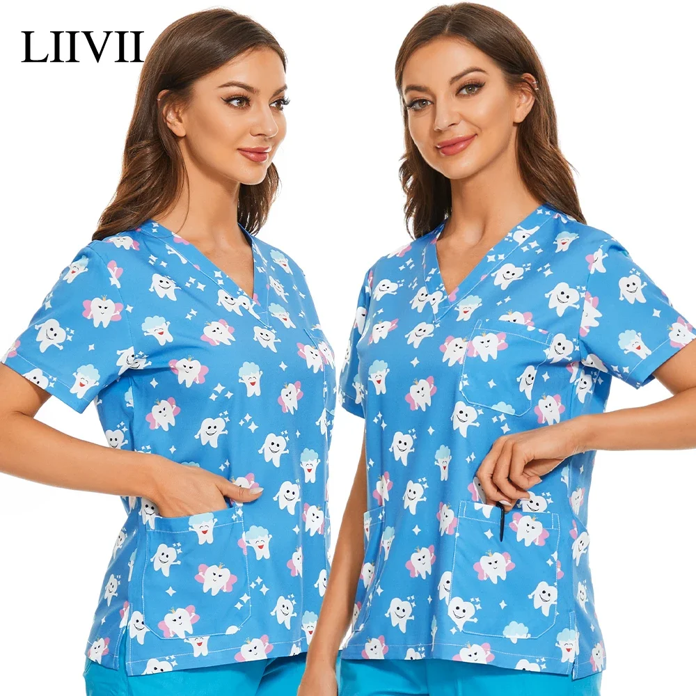 Medical Scrubs Tops Women Short Sleeve Blosue Spa Scrub Shirt Teeth Print Pocket Workwear Dentist Doctor Nurse Christmas Uniform