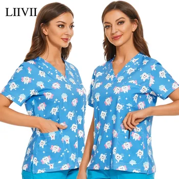 Medische Scrubs Tops Vrouwen Korte Mouw Blouse Spa Scrub Shirt Tanden Print Pocket Werkkleding Tandarts Arts Verpleegkundige Kerst Uniform
