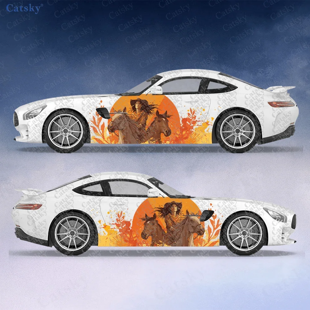 2pcs Women's Cowboy Horse Riding Scroll Pattern Splash Sticker, Suitable for Cars and Trucks, Durable, Fade-resistant, Easy to I