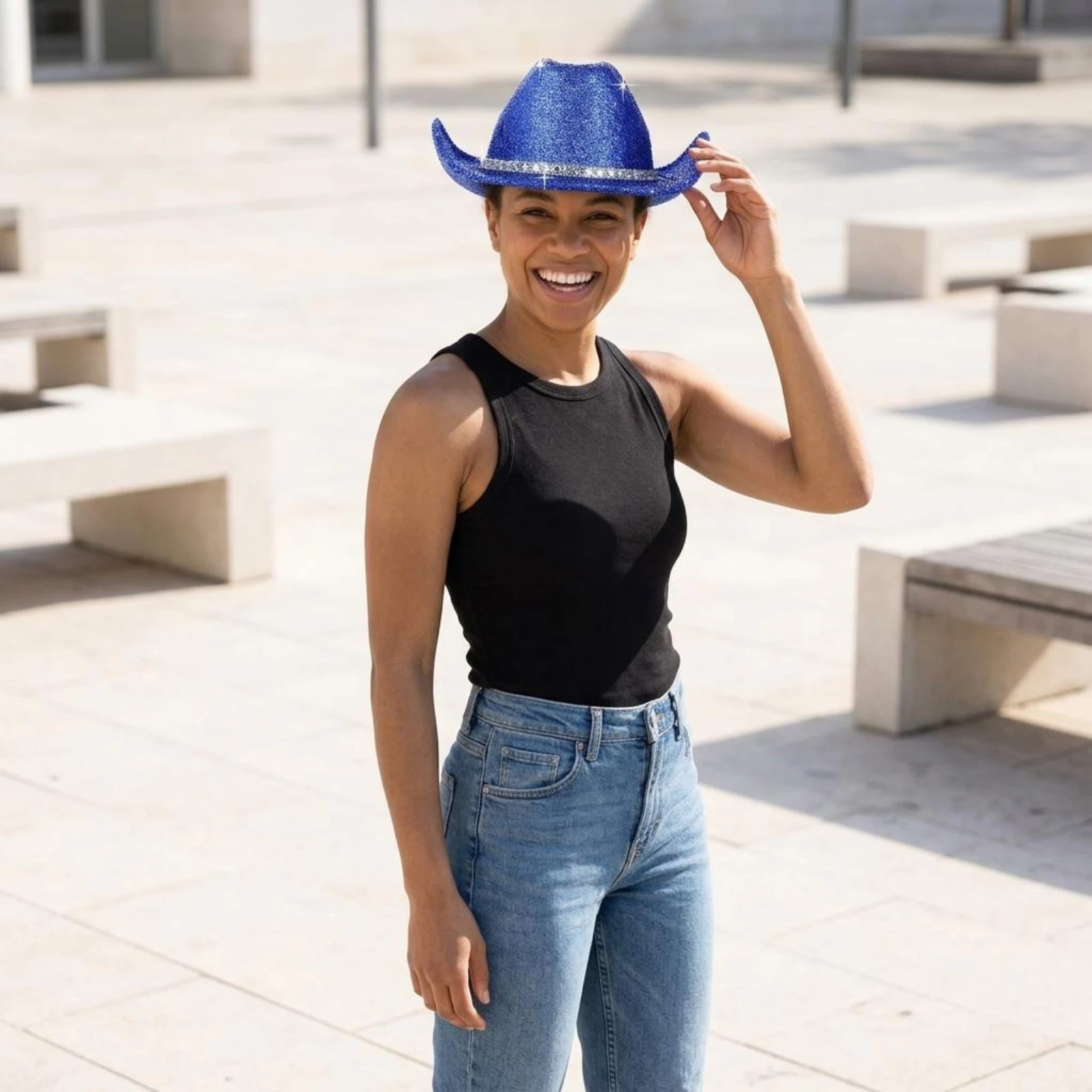 

Glittering Blue Cowboy Hat Glittery Jean Fabric Cowboy Hat Headwear Decorative Band Accessory Glitter