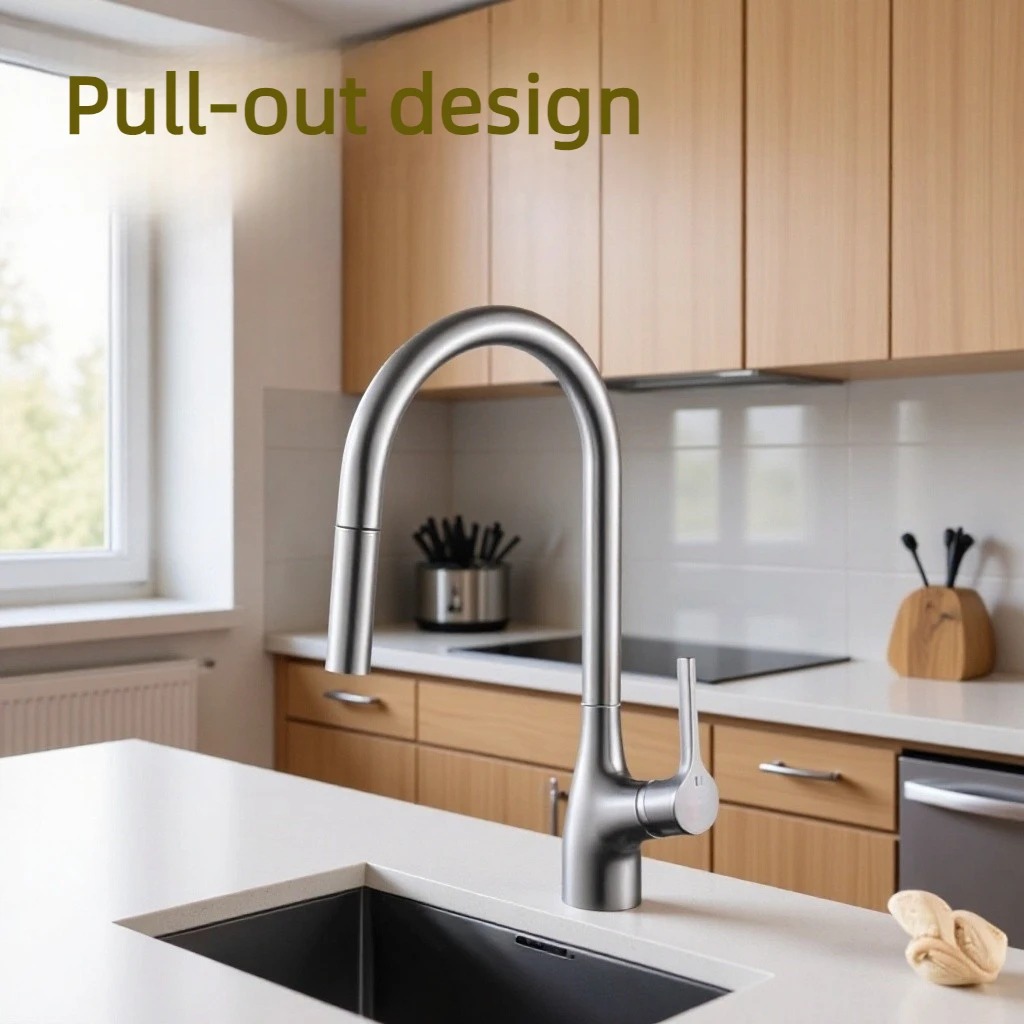 Bronze cold and hot water pull-out kitchen faucet, sink with washbasin and dishwashing basin, two-in-one splash-proof faucet