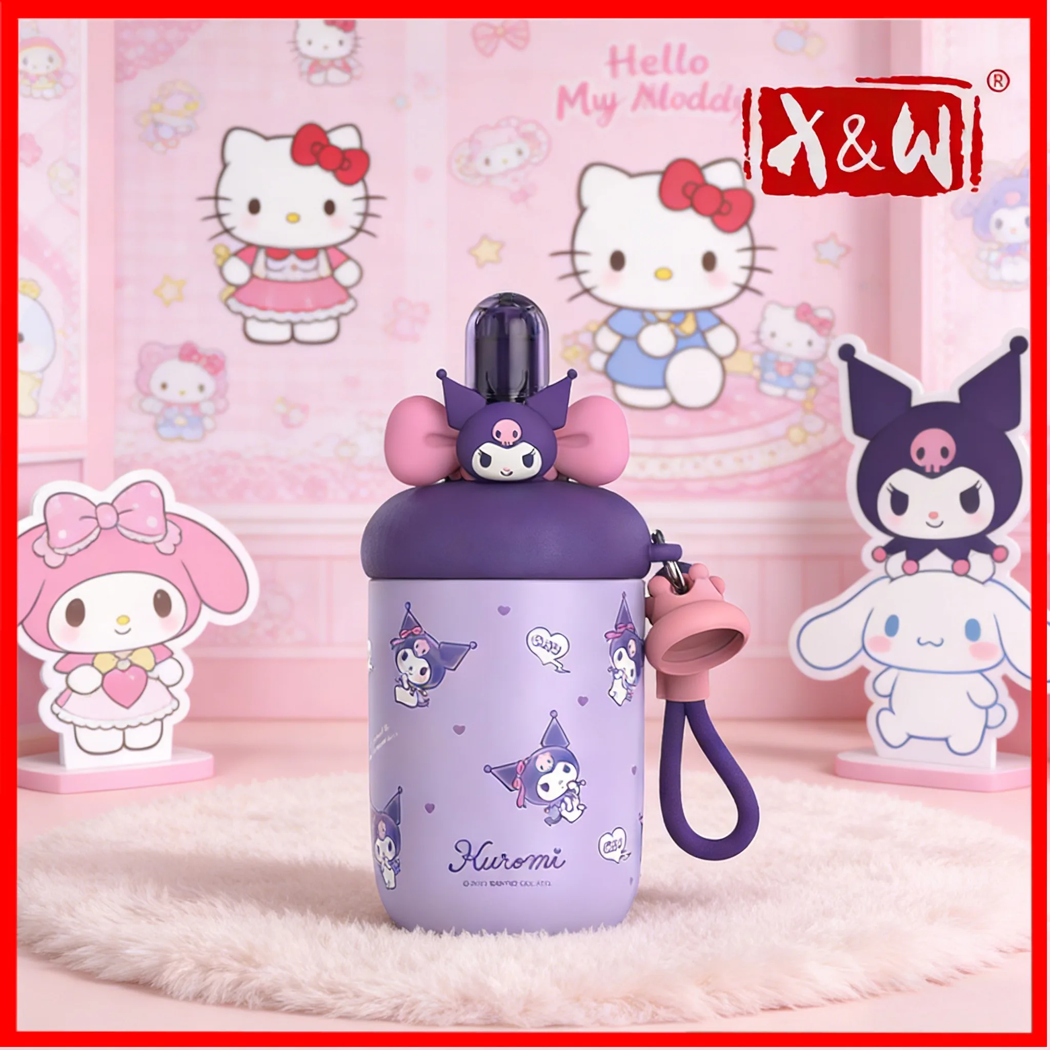 X&W 560ML Sanrio Series Ice King Cup 316 Stainless Steel Straw Thermos with Carrying Rope Waterbottle Office and School Use