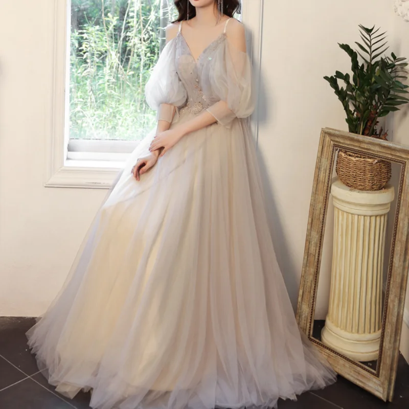 Customized Elegant Women Long Party Dress Vintage Off Shoulder Sequin Evening Bridesmaid Sexy Tulle Maxi Dress 2024 Summer Prom