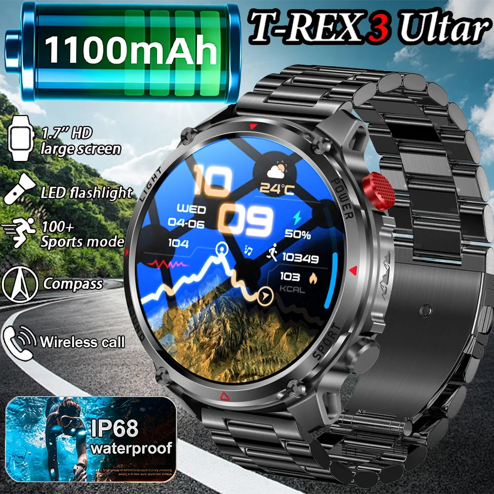 2026년형 새로운 군용 T-REX3 스마트워치, 1000mAh 배터리, 나침반, 10ATM 방수, 블루투스 통화, 남성용 스포츠 워치