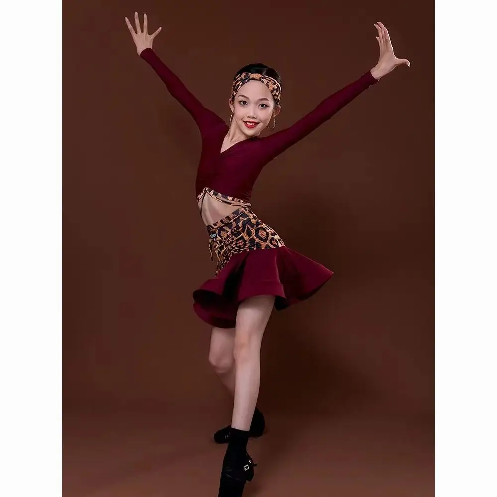 Girls Latin Dance Outfit Wine Red Leopard Split Training Wear Kids Cha Cha Samba Practice Attire Spring Summer Competition Show