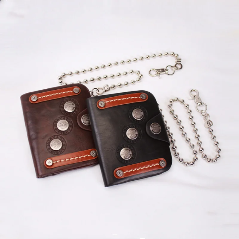 1PC Punk Wallet PU Leather Retro Steam Wallet With Chain Punk Foldable Buttons Purse Rock  Motorcycle Bag