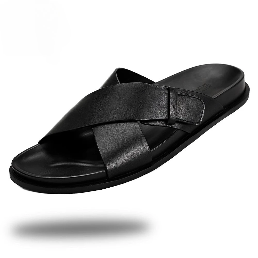 

LANGYUN Men Cowhide Leather Hollow Out Sandals Summer New Breathable Flat Beach Shoes Outdoor Casual Daily Slippers