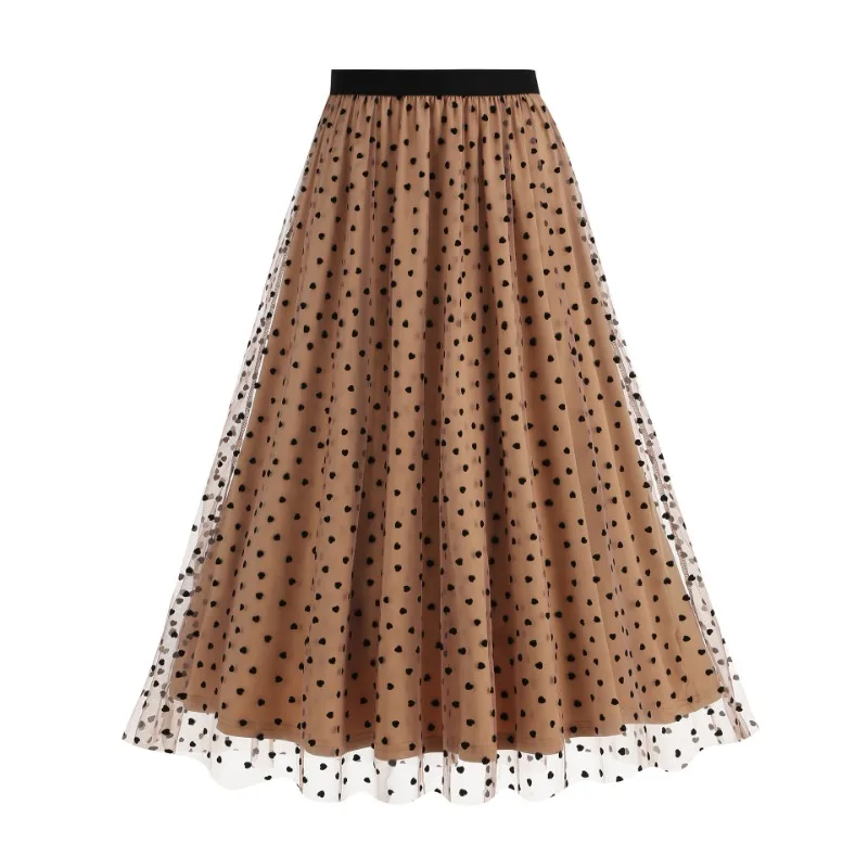2025 New Vintage Elastic Waist Heart Flocking Mesh Overlay Pleated Skirts Fashion Women's Valentine's Day Summer Long Skirt