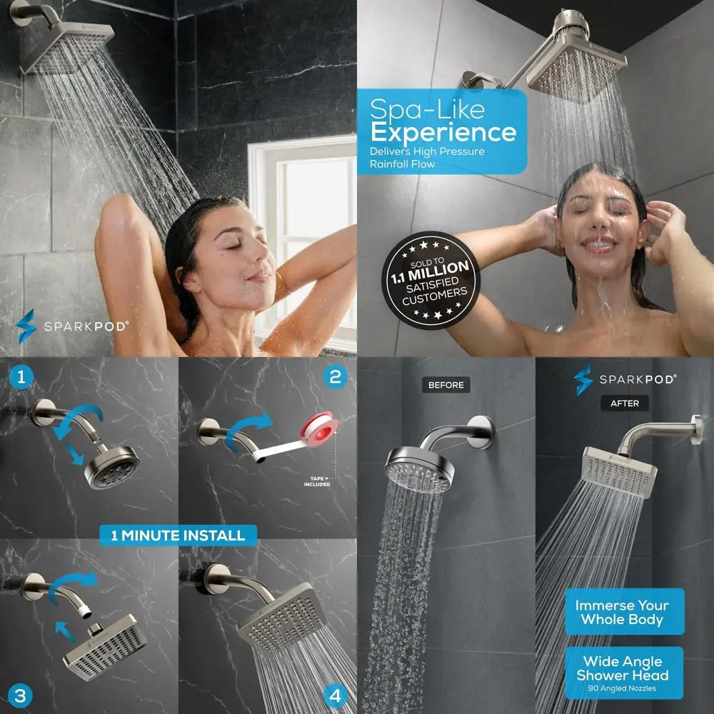 

Luxury High-Pressure Rain Shower Head - Quick Install, Easy Clean, Brushed Nickel, 8 Square