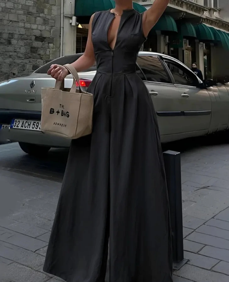 

Yeezzi Women's High Waisted Loose Pockets Solid Color Zipper V-Neck Jumpsuits New Summer Sleeveless Urban Fashion Rompers