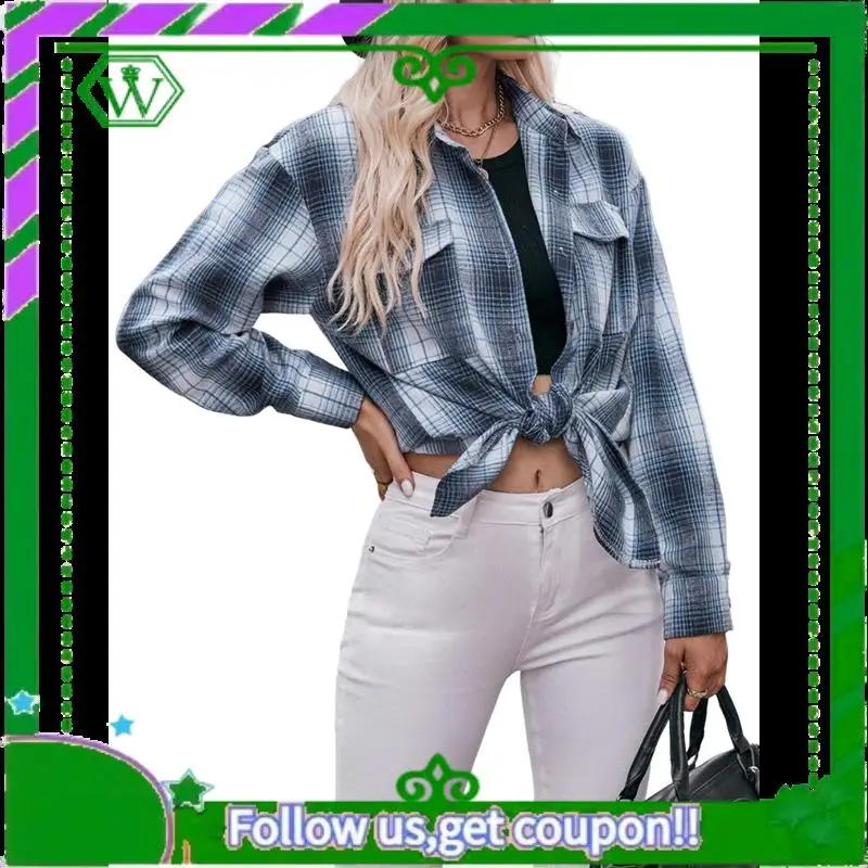 A18P-Damen-Flanell-Karohemd mit Knopfleiste, übergroßes, langärmliges, kurzärmliges Jackenoberteil