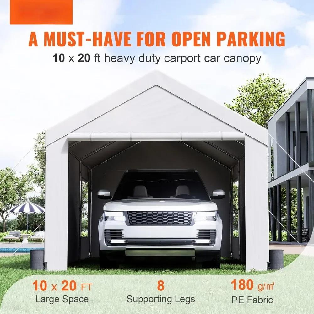 10x20ft Heavy Duty Car Canopy, Portable Garage with Roll-up Ventilated Windows & Removable Sidewalls, UV Resistant White