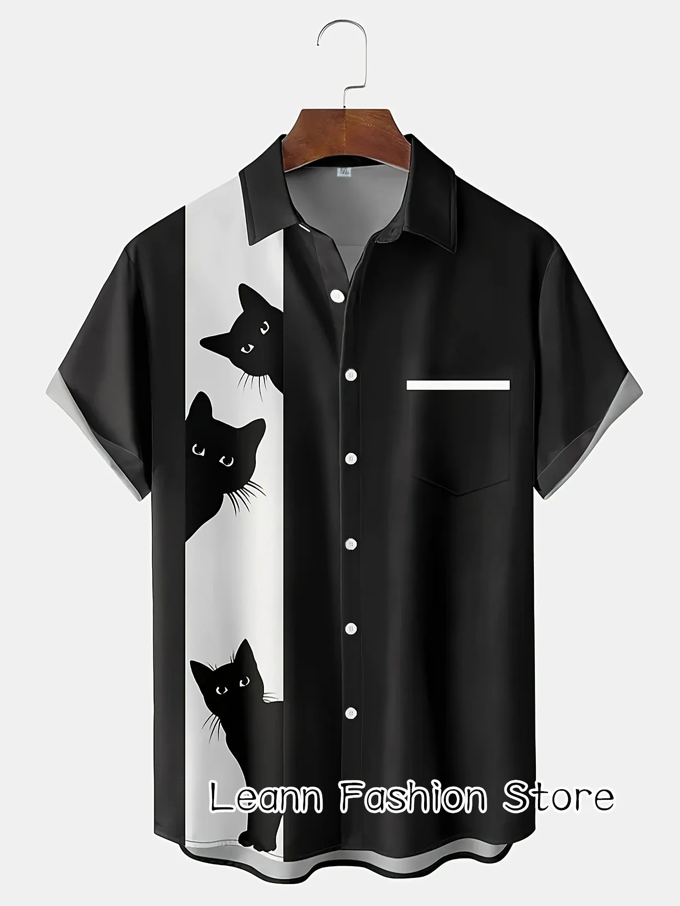 Camisa estampada de anime gatos masculina, colarinho de lapela, férias havaianas, roupa elegante casual, engraçada, moda verão