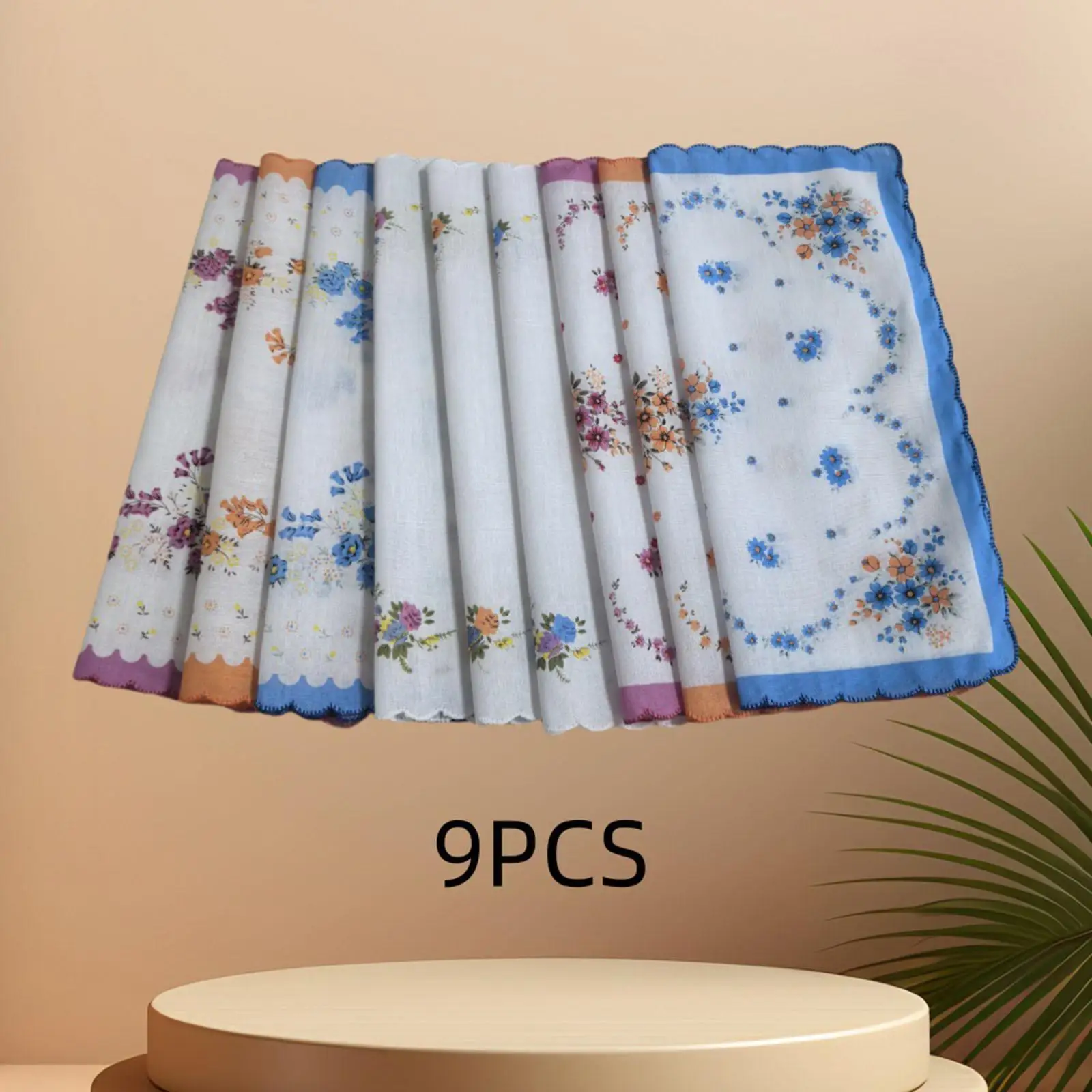 9Pcs Women Cotton Handkerchiefs Absorbent Hanky Elegant Bandanas Ladies Floral Print Handkerchiefs 29.5cmx29.5cm