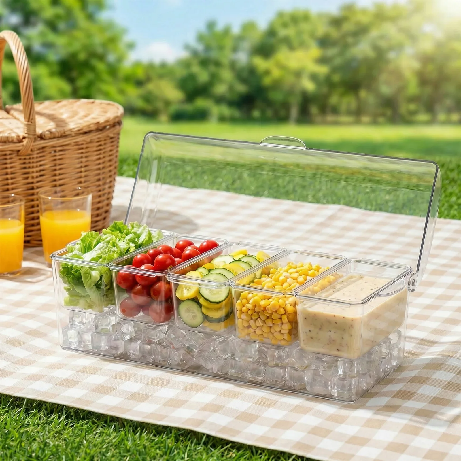 5 Compartment Ice Chilled Condiment Case Cooled Seasoning Box Fruit Plate Dishes Server Tray Removable Salad Snack Container