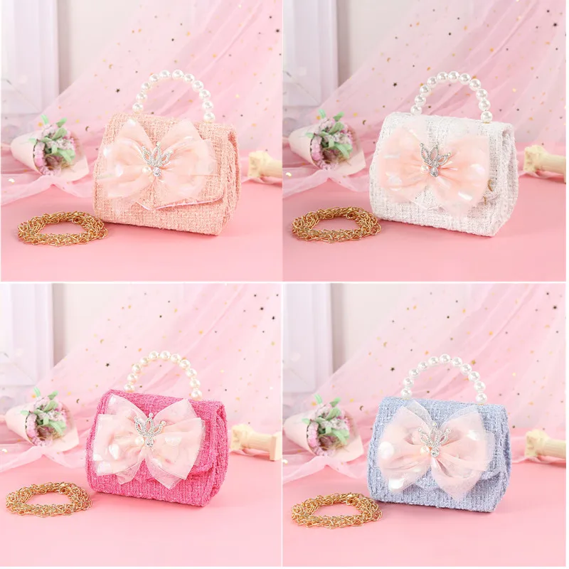 Cute Girls Mini Pearl Bow Messenger Bag Kid Coin And Purse Handbag Children Birthday Gift Crossbody Bag Girl Hasp Backpack Pouch