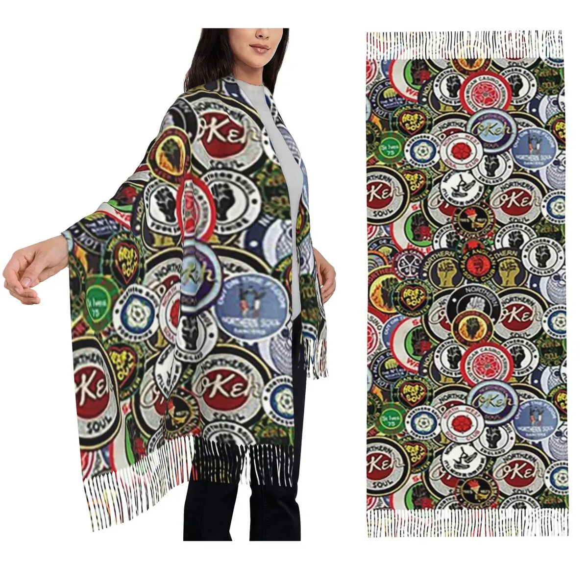 

Northern Soul Patches OKEH Wigan Pier Keep The Faith Scarf Tassel Scarves for Women Shawls and Wraps Long Fall Winter Shawl Wrap
