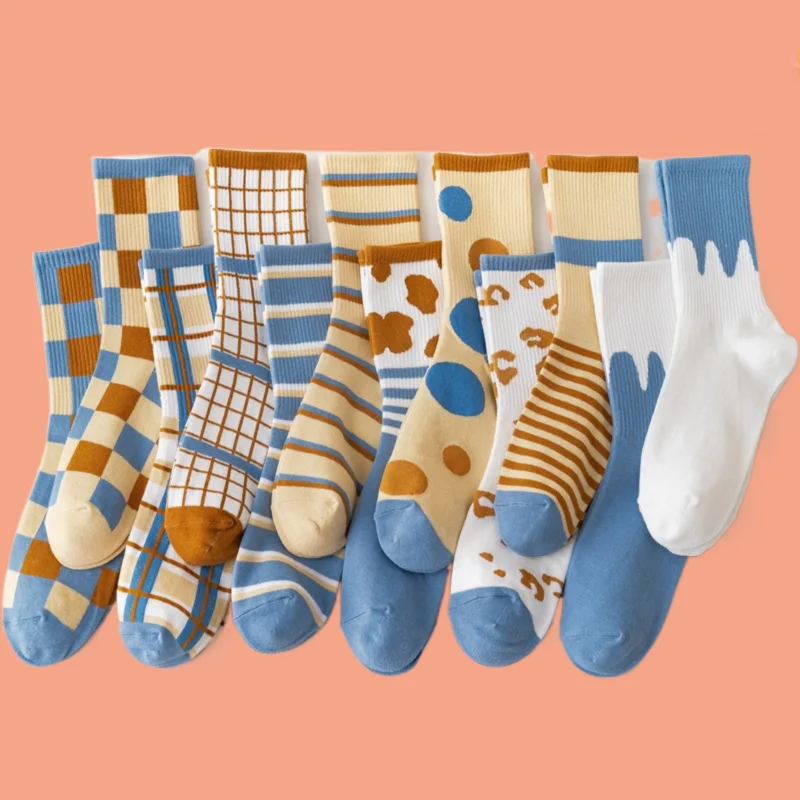 12/24 Pairs Couple Socks Women's Mid-tube Socks Casual Cotton Socks Trendy Socks Blue Striped Plaid Solid Color Socks