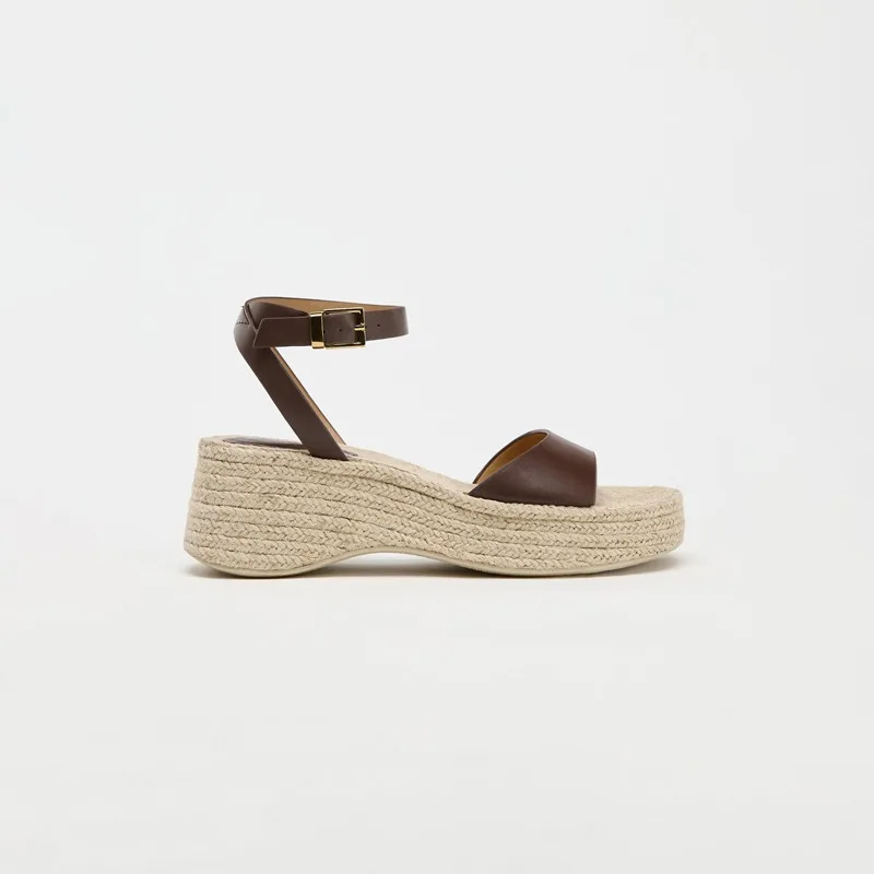 

Banyiyou Summer Wedge Sandals Women Leather Straw Woven Hemp Sole Platform Sandals Fisherman Shoes Women's Roman Sandalias Mujer