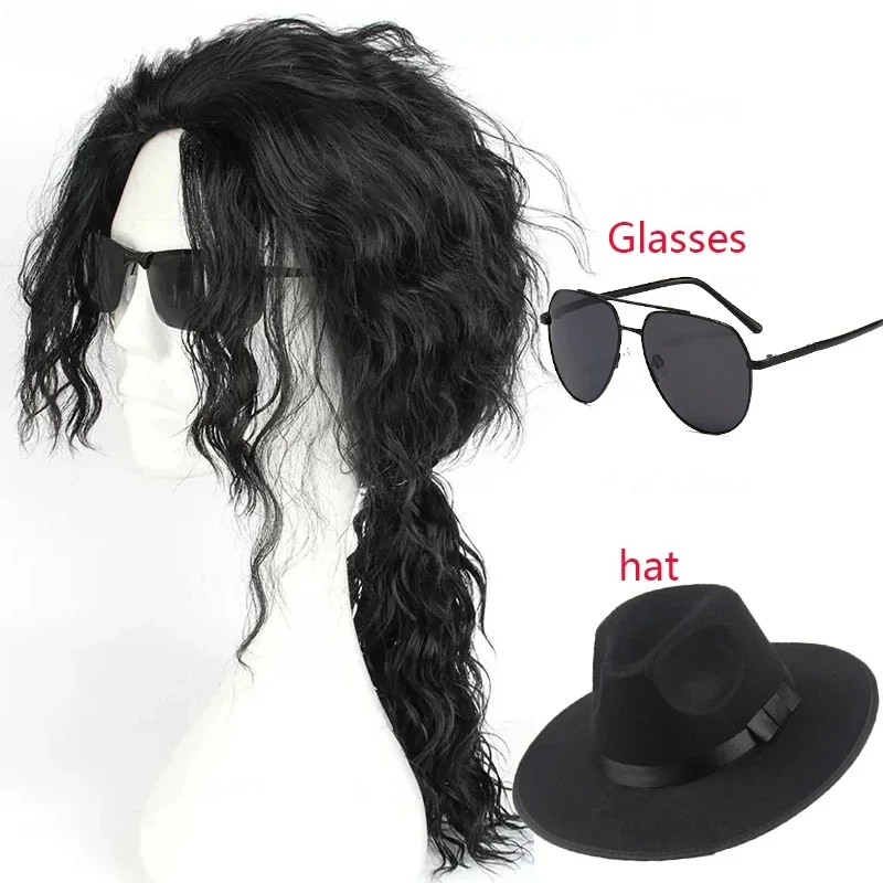 Anime Michael Jackson Cosplay Michael Cosplay Black Wig Michael Role Play Medium Long Curly Black Hair Wig Halloween Cos Wigs