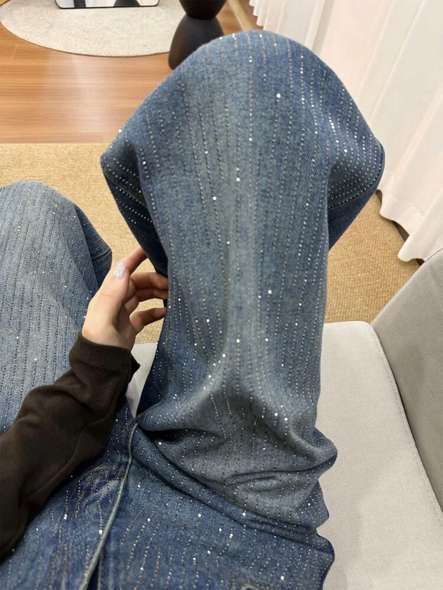 

Retro American Large Size Blue Jeans Women's Loose Slim Straight Leg Pants Glittering Diamond Casual High Waist Denim Jeans