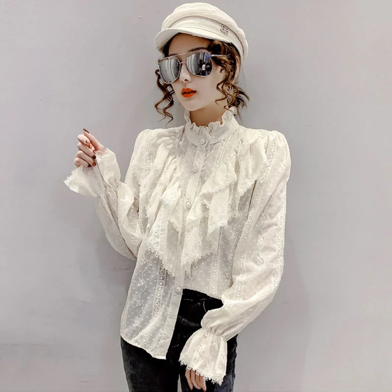 Korean Style Ruffle Stitching Lace Blouse Fashion Long Sleeve Loose Chiffon Shirt Elegant Stand Collar Pleated Tops Blusas 15832