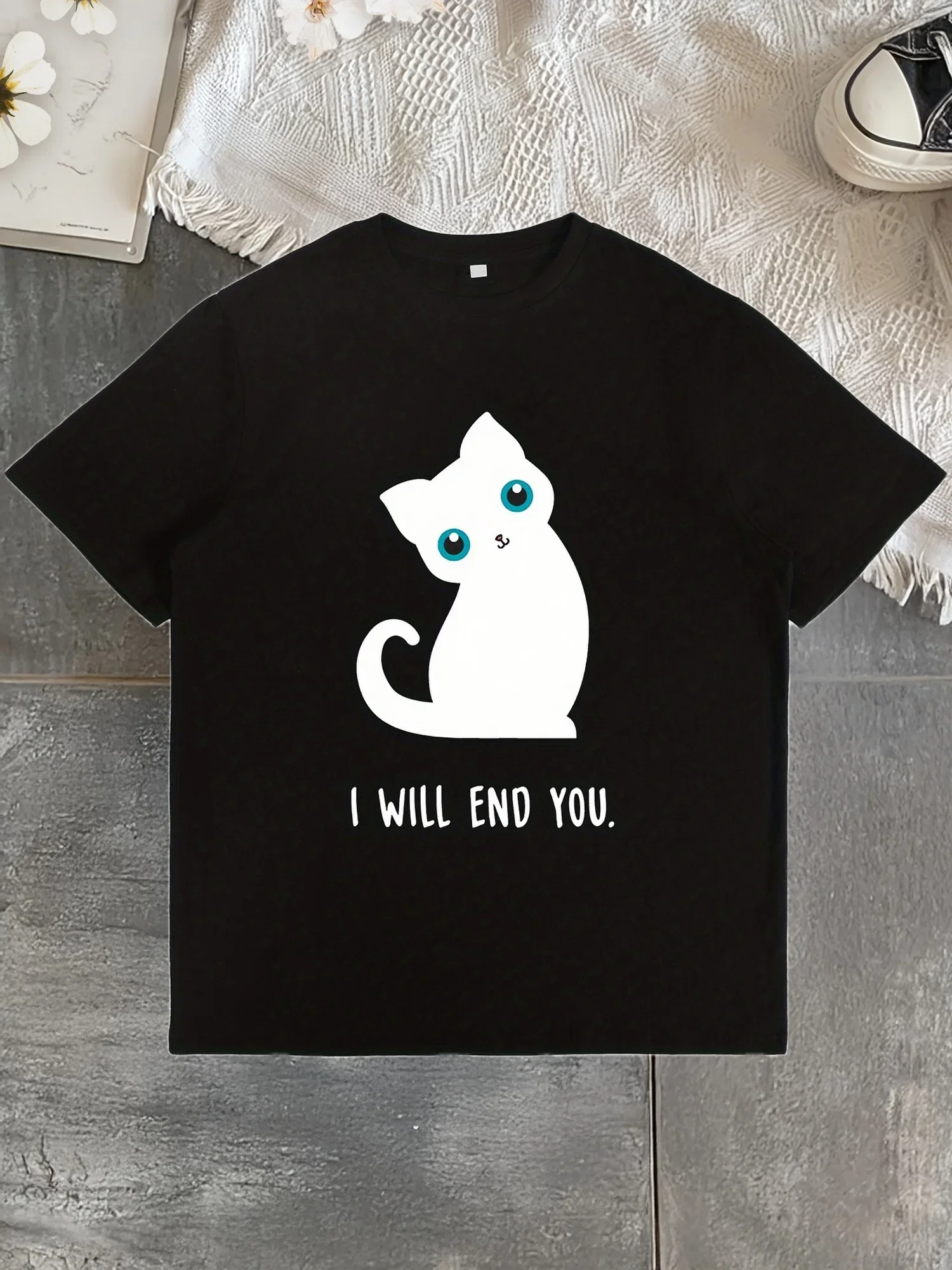 

I Will End You Cute White Cat Graphic Cotton Short Sleeve T-Shirt Unisex Casual Oversized T-shirt