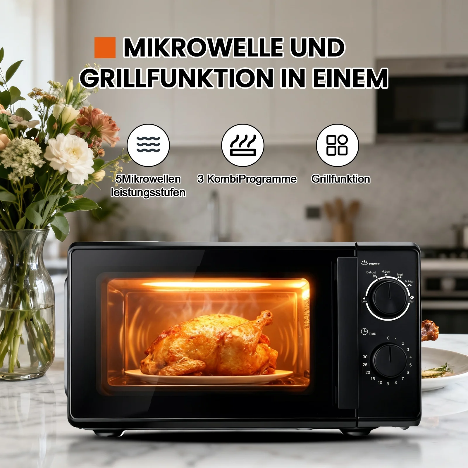 فرن ميكروويف مدمج 20 لتر، وظيفة شواء الميكروويف، 700 وات، 5 مستويات طاقة، 3 برامج مجمعة، برنامج إزالة الجليد، مقبض دوار، مؤقت، سهل التنظيف، للاستخدام في الخزفيات والدجاج والبيتزا وما إلى ذلك