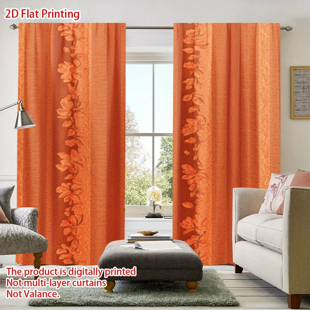 2PCS Digital Print Curtains, Orange Background Leaf Texture Hidden Pattern, Minimalist Modern Style for Living Room ／ Nordic