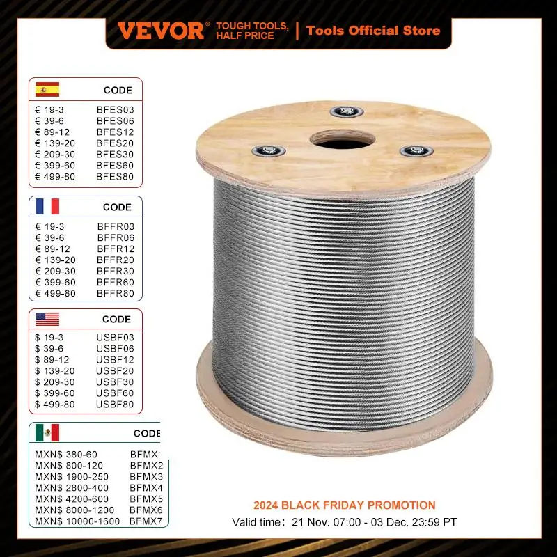 VEVOR T316 الفولاذ المقاوم للصدأ كابل 7x7 أسلاك الفولاذ حبل 500FT درابزين كابل النقل سلك حبل كابل ل درابزين التزيين DIY بها بنفسك