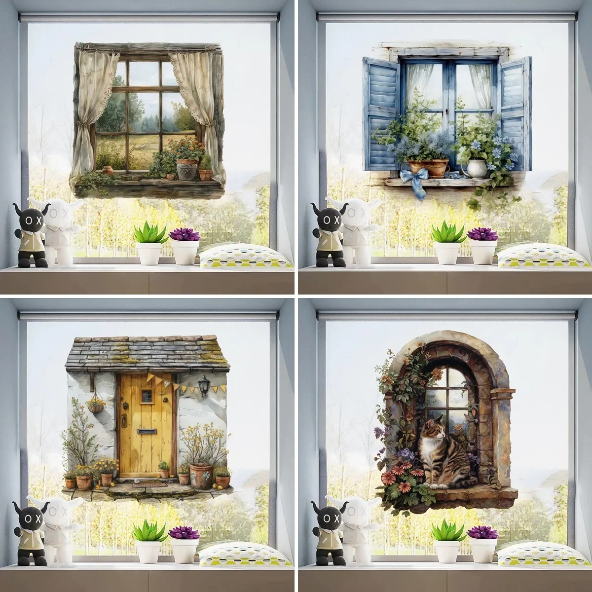 Sofa Background Wallpaper Sticker Fake Window Plant Flower Cat Wall Mural Sticker Forest Style Creative Sticker For Home Bedroom