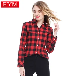 Fine Women's Plaid Shirts 2025 New Ladies Casual Loose Red Black Checkered Tops College Style Lady Long Sleeve Blouse Clohtes