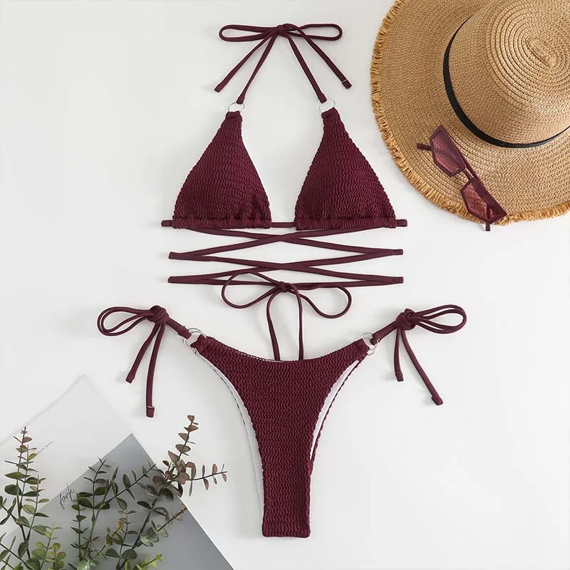 Bikini Set Sexy Wine Red Halter Swimwear Micro Thong Mujer String Cross Lace-up Mini Swimsuits Women Bathing Swimming Suit Wear