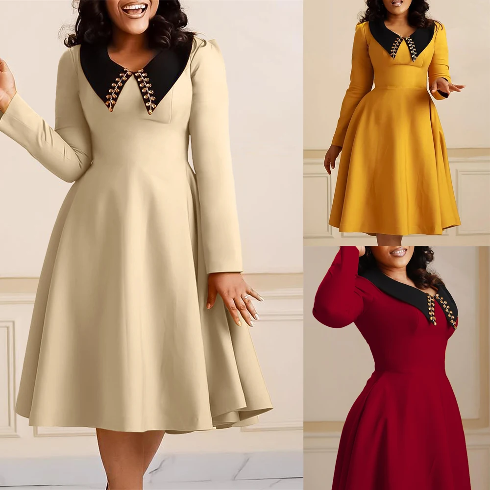 

Autumn Winter Office Ladies A-line Dress African Women Fashion OL Solid Peter Pan Collar Long Sleeve High Waist Dress Women