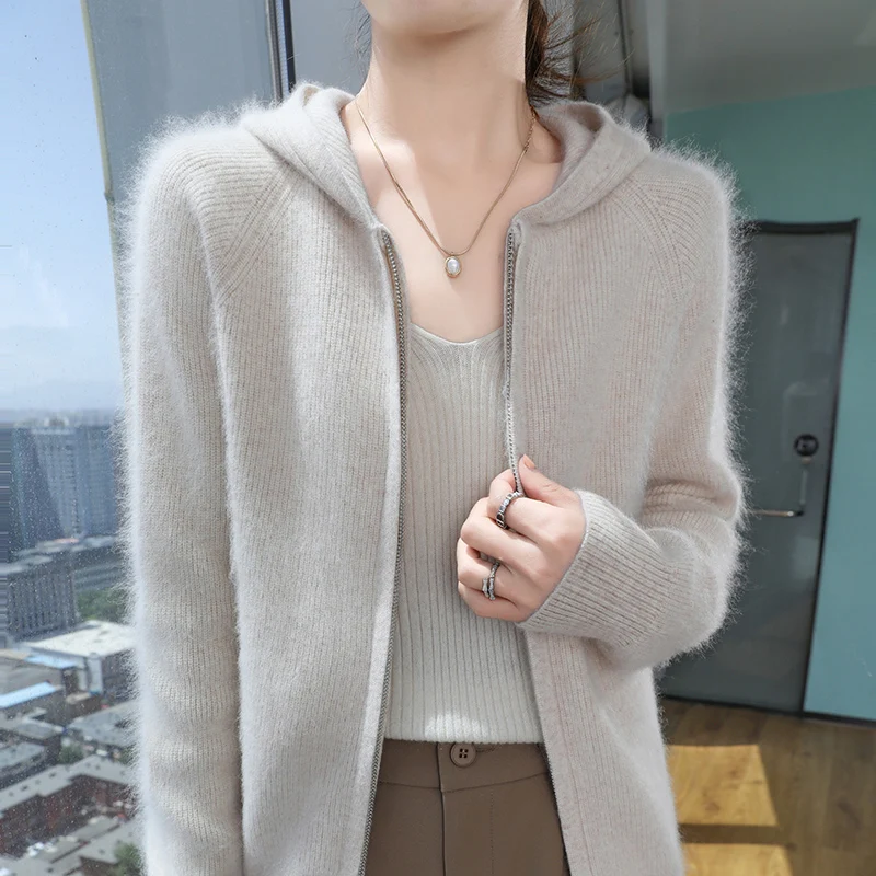 100% Pure Mink Cashmere Zipper Cardigan Women\'s Hooded Neck Knit Coat Hoodie Casual Loose Jacket Winter Long Sleeve Thicken Tops