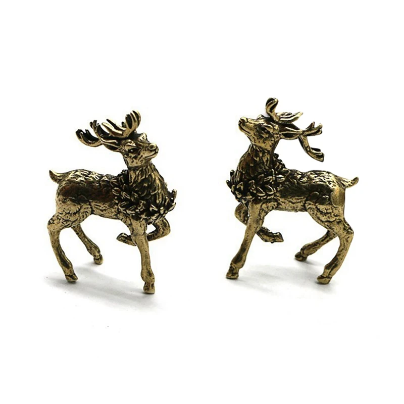 2Pc Bronze Deer Statue Mini Bronze Statue Miniature Accessories, Tea Table, Desk