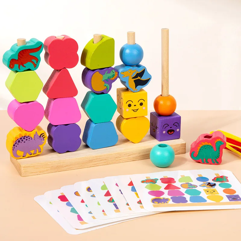 Wooden Color Shape Matching Puzzle Game Fruit Animal Traffic Set Column Colorful Beaded  Educational Toys For Children Kids