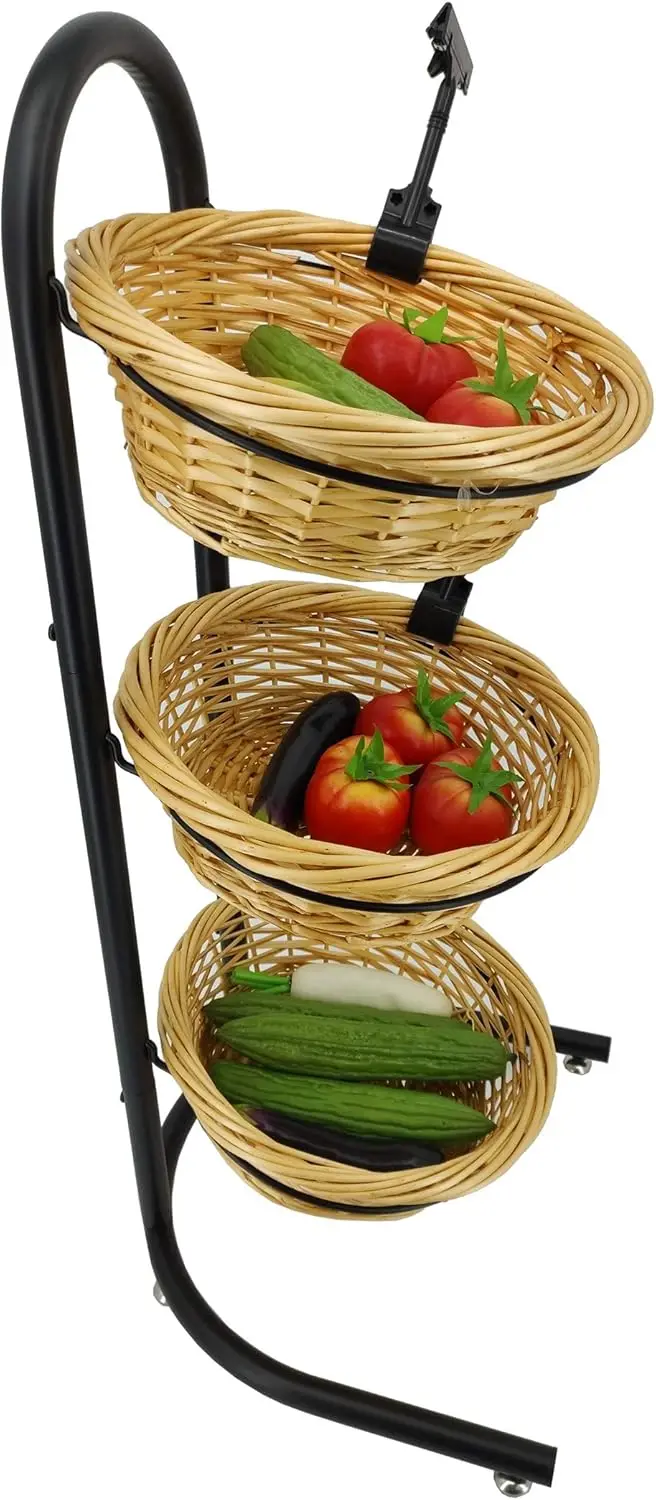 

3 Tier Wicker Basket Metal Stand with Sign Clips, Market Basket Organizer 19425