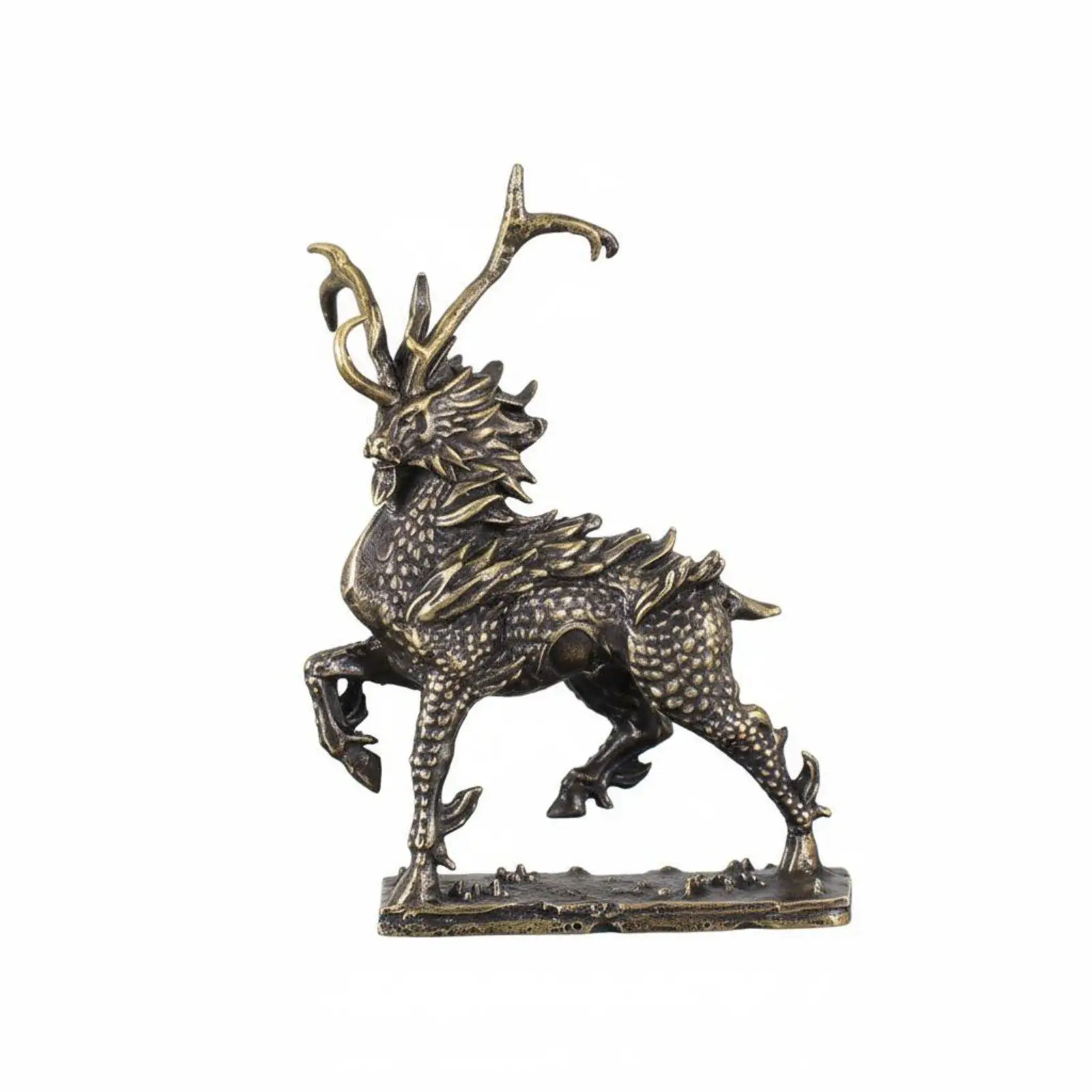 Brass Craft Qilin Figurine Chinese Vintage Statue with Antiqued Patina for Office Shelf Home Table Feng Shui Decor