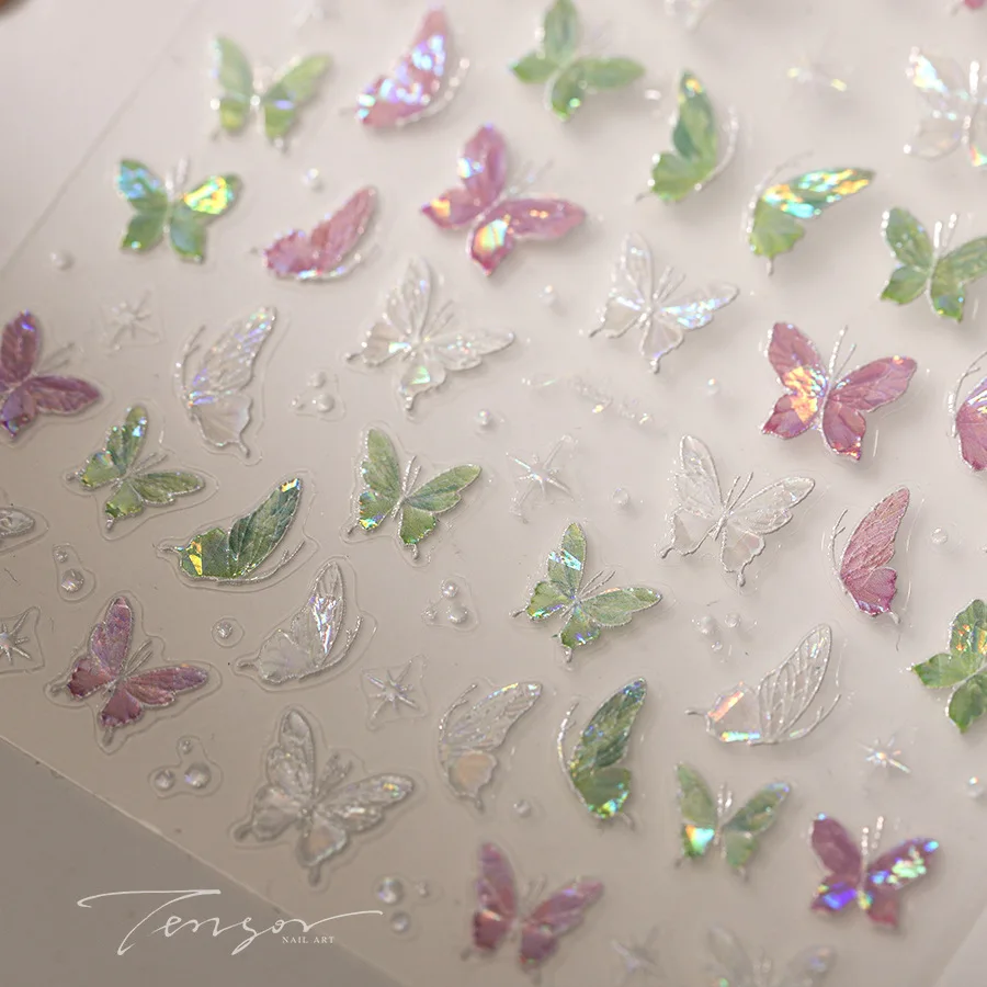 Pink Green Purple Illusion Polarized Butterfly Stars 3D Self Adhesive Nail Art Decorations Stickers Manicure Decals Wholesale